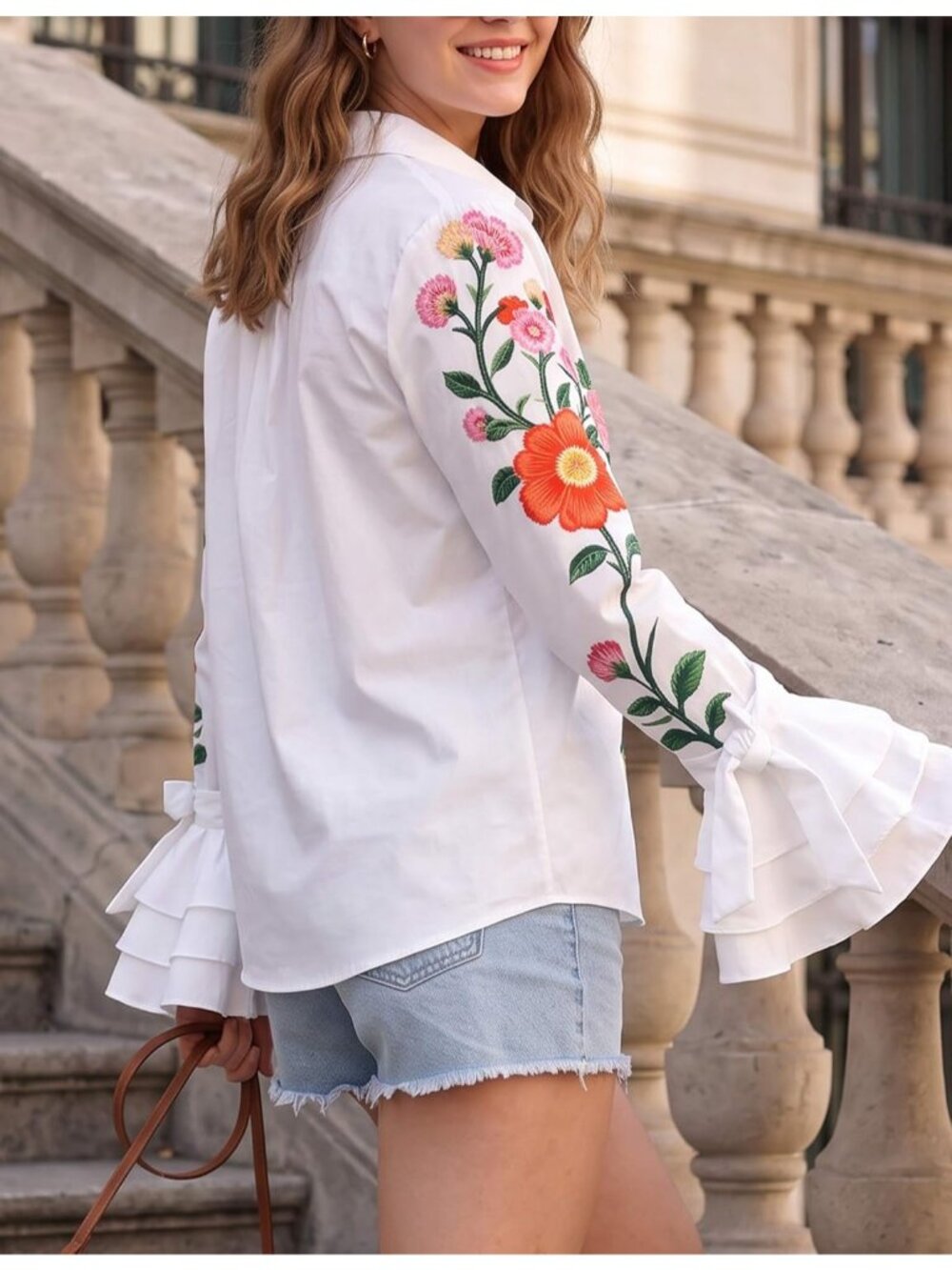 Women's White Multi High Neck Button Down Long Sleeve SOLID Work Blouse Shirt - Picture 4 of 5